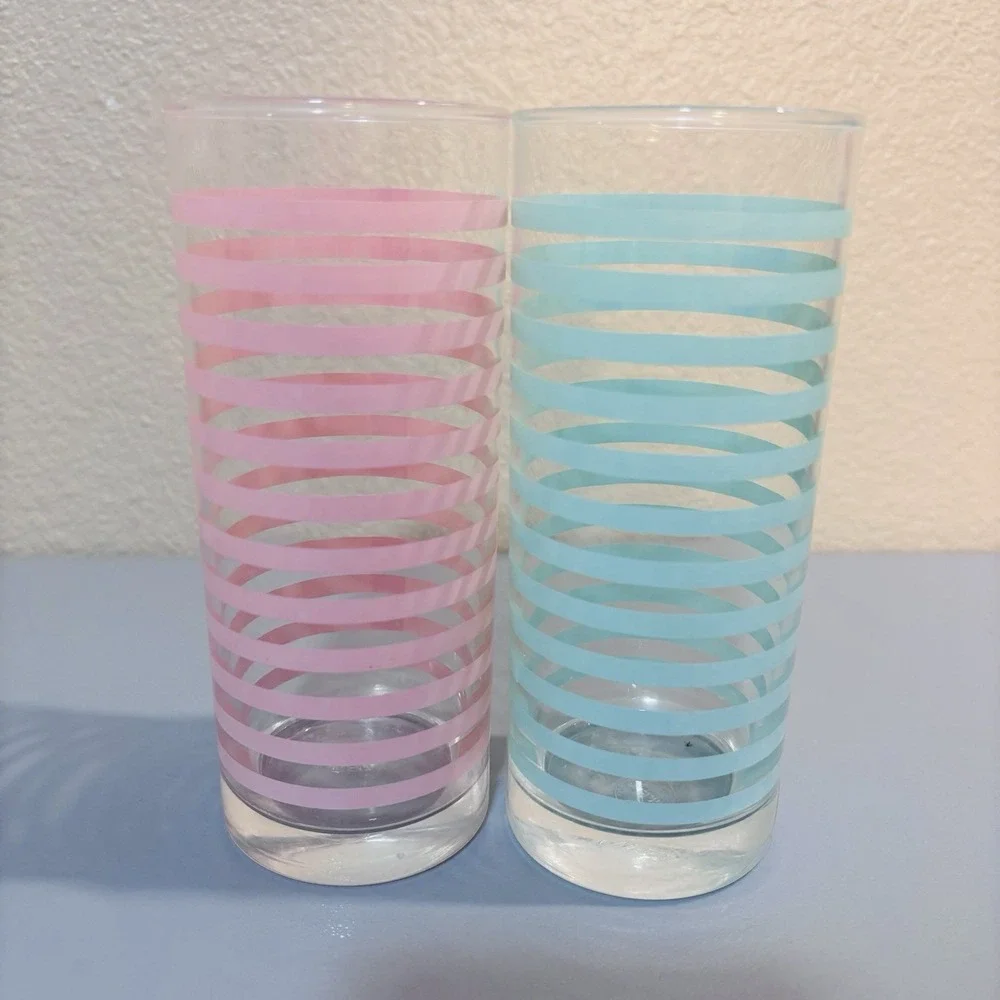 2 Libbey Vintage Mid Century Modern Retro Teal Pink Striped Highball Bar Glasses